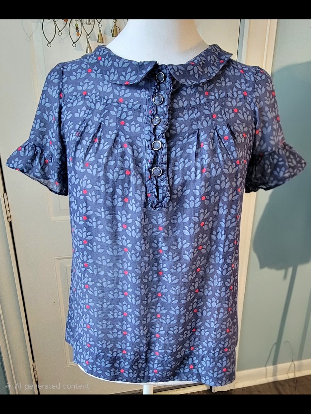 Massimo Dutti Cotton Silk Blend Semi Sheer Blouse Womens S Blue Red Ruffle Cotta